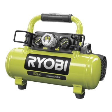 Ryobi One+ R18AC-0 kompressor med limegrön tank, tryckmätare, svart handtag, driven av 18V litiumbatteri.