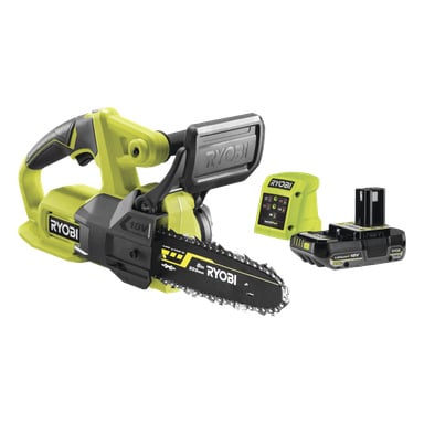 Ryobi One+ bezprzewodowa piła łańcuchowa RY18CS20A-125 z 8" prętem, baterią litową 18V i ładowarką w kolorze żółtym i czarnym.