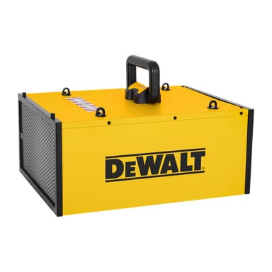 Den gula DeWalt DWXAF201 luftrenaren har ett svart handtag, nät på sidan, förstärkta hörn och fyra metallslingor på toppen. DeWalt-loggan synlig.