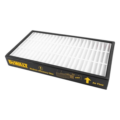 DeWalt Filter DXVC3902: rektangulär form, vita veck, svart ram, gula etiketter som anger luftflödesriktning och installationssteg.