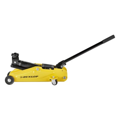 En gul Dunlop hydraulisk gulvjekk med svart håndtak og hjul er vist i sideprofil på hvit bakgrunn, designet for å løfte kjøretøy for vedlikehold eller reparasjon.