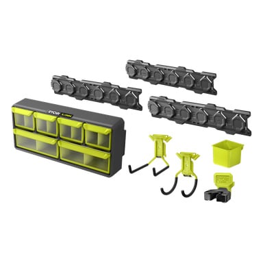 Ryobi Startpaket LINK RSLWPK-8PCJ" med 8 delar utställda: förvaringsorganisatörlådor, tre svarta skenor, två gula krokar, en liten gul låda och ett tillbehör i svart och gult.