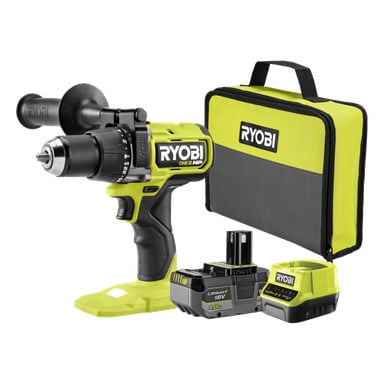 Ryobi One+ HP Harjaton ruuvimeisseli, jossa on perkussio, lisävarustesarja, akku, laturi, sivukahva ja musta-vihreä kotelo yhdessä.