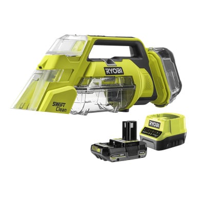 Ryobi One+ Swift Clean RDC18-1C20G do usuwania plam w kolorze żółto-czarnym zawiera wyjmowany pojemnik na kurz, baterię 18V oraz ładowarkę.