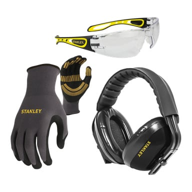 Stanley Protection-kitet Sycombokit-1 EU har klare vernebriller, svarte hansker med gule detaljer og svarte øreklokker.