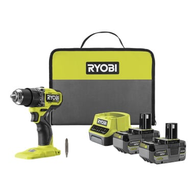 Ryobi One+ HP borstlös borrmaskin med påse, borr, borr, laddare och två batterier. Varje föremål har Ryobis logotyp.