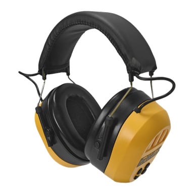 DeWalt DPG17EU Bluetooth-hörselskydd är gula och svarta överhörselskydd med vadderad pannband för brusreducering.
