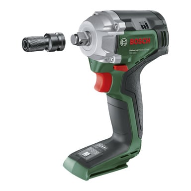 Bosch Power 4 All UniversalImpactDrive 18V-350 grønn og svart slagnøkkel med rød avtrekker, verktøy festet, ingen batteri.