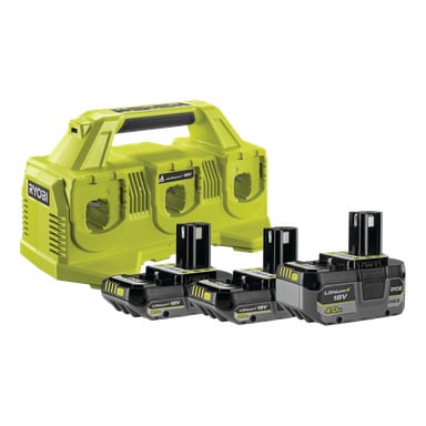 Ryobi One+ RC18640-3422 -setti, jossa on kolmipaikkainen laturi ja kolme 18V litiumakkua (2x2.0Ah, 1x4.0Ah) yhdessä.