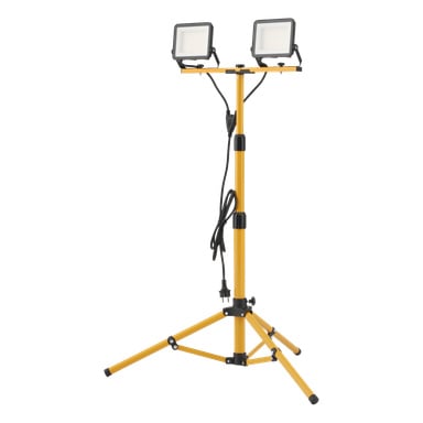 En gul stativlampa med två rektangulära LED-lampor på ett justerbart stativ, svart sladd och kontakt hängande från mitten.