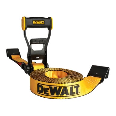 En gul DeWalt Retaining Strap DXBC10000FEU är ringlad med svarta handtag och krokar, som visar DeWalt-logotypen på remmen och handtaget.