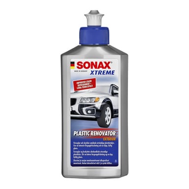 En grå Sonax Plastic Renovator Gel-flaske med blå etikett som viser bilens front, som reklamerer for fargefornyelse og varige effekter.