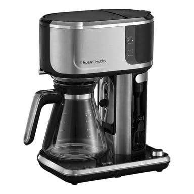 Russell Hobbs Coffee Maker Attentiv ze stalą nierdzewną i czarnym wykończeniem, szklaną dzbanką, bocznym wskaźnikiem wody i przednimi przyciskami.