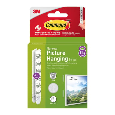 Command Self-adhesive Picture Strips för smala ramar, 4 par, rymmer upp till 5 kg, passar 45 x 60 cm ramar; Förpackningen visar detaljer.
