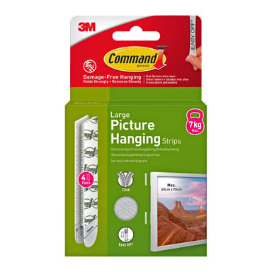 Command Large Picture Hanging Strips, 4 par, kan hålla upp till 7 kg. Förpackningen visar en inramad bild och beskrivande text på framsidan.