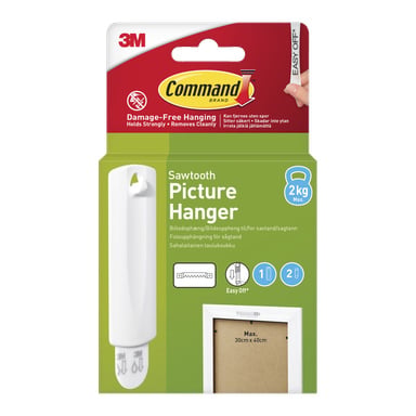 Command Sawtooth Picture Hanger-paket visar produkt, användningssteg, 2 kg-gräns för 30x40 cm ramar och noterar skadefri borttagning.