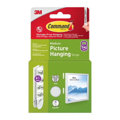 Frontvisning av Command Medium Picture Hanging Strips 4-pack, fremhever skadefri bruk, holder opptil 5 kg, med bilderammegrafikk.
