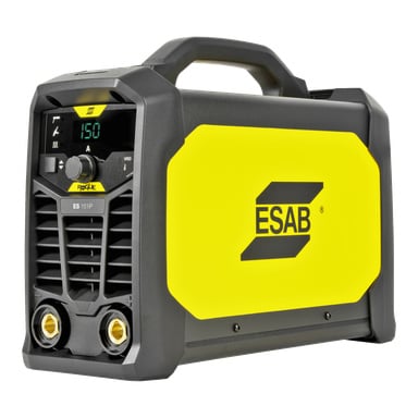 ESAB Rogue ES 151iP portabel invertersvetsare med digital skärm, gul sidopanel, svart fodral, övre handtag och två framportar.