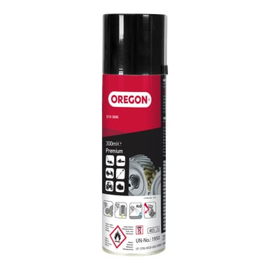Musta-punainen aerosolipurkki, jossa lukee "Oregon Universal Spray 300 mL", näyttää auton, puutarhan ja koneiden käytön kuvakkeet vaarasymboleineen.