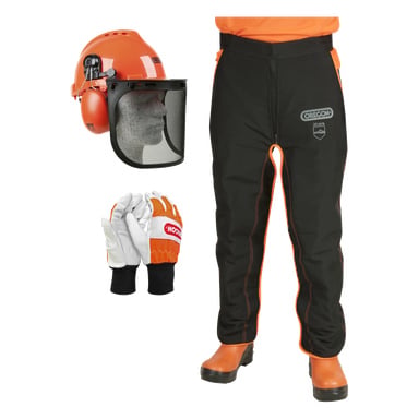 Oregon Motorsågsskydd 574742A har hjälm med ansiktsskydd och öronmuffar, handskar och svart-orange säkerhetschaps.