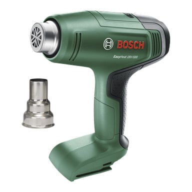 Zielony pistolet na gorące powietrze Bosch Power 4 All All z czarną rękojeścią i srebrną dyszą obok osobnego metalowego mocowania po lewej.