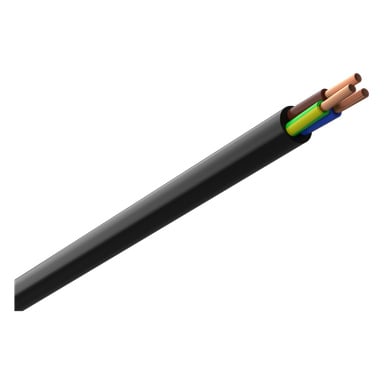 Närbild på en Amokabel RV-K-kabel med sitt svarta hölje avskuret, som blottlägger tre isolerade ledningar – brun, gulgrön och blå – samt kopparledare.