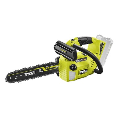 Ryobi Max Power akumulatorowa piła łańcuchowa RY36THCSX30A-0 z ostrzem 12", żółto-zielonym nadwoziem, osłoną bezpieczeństwa, uchwytem i komorą na akumulator.