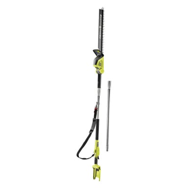Ryobi Max Power Battery hekketrimmer RY36PHT50A-0 har en gul og svart uttrekkbar stang, skulderstropp og ekstra forlengelse.