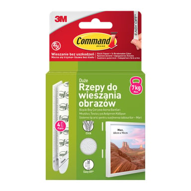 Prostokątny pakiet samoprzylepnych pasków Command Large Picture Hanging Strips, 4 pary, mieści do 7 kg, z oprawionym obrazem krajobrazowym.