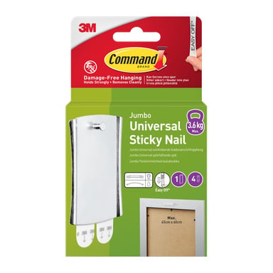Command Jumbo Universal Sticky Nail-paket visas, visar produkten, stöder 3,6 kg, för skadefri hängning, med instruktioner.