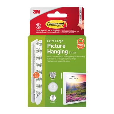 Frontvisning av Command Extra Large Picture Hanging Strips 4-pack, som viser fire hvite par for rammer opptil 9 kg, med merkevare og instruksjoner.