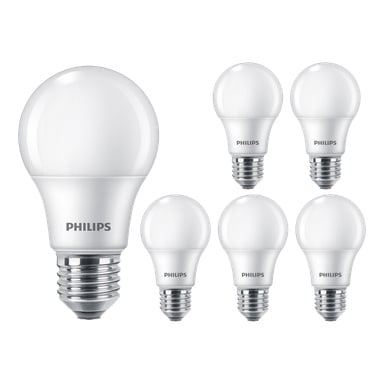 Zestaw Philips Normal Bulb LED 6 pokazuje jedną dużą żarówkę po lewej i pięć mniejszych żarówek skupionych razem po prawej.