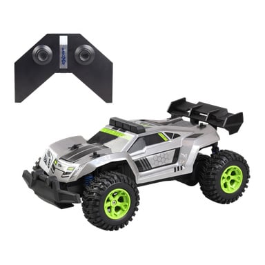 Hopeavaloinen Exost Pro Future RC -auto hopeanvärisin ja mustin, kirkkaanvihreillä vanteilla, sijoitettuna mustan kaukosäätimen alle sinisellä SkyJet-etiketillä.