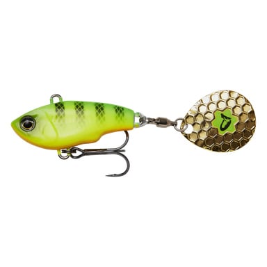 Savage Gear Spinner Fat Tail Spin Firetiger przynęta w kształcie ryby, zielono-żółta z czarnymi paskami, potrójny haczyk, złoty spinner.