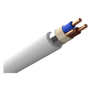 Nærbilde av en Amokabel PR-kabel plassert diagonalt, med synlige kobberender. De interne ledningene er isolert i blått, brunt og beige.