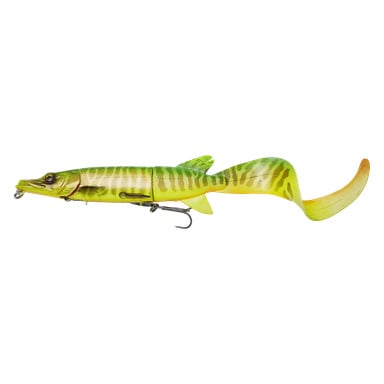 Elävän näköinen Savage Gear Jig 3D Hybrid Pike Firetiger -viehe, vihreä ja keltainen, nivelrunko, käpertynyt häntä ja kolmikoukku.