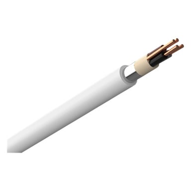Et detaljert bilde av en Amokabel PR-kabel med enden skåret opp, som viser tre justerte kobberledninger omgitt av beskyttende isolasjon. Tuppene på ledningene er synlige.