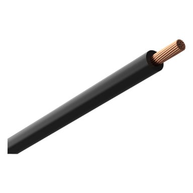 En Amokabel RK-kabel ligger diagonalt, og viser den svarte ytre kappen og den ene enden der bundtet kobbertråder er eksponert.