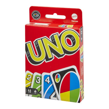 En röd UNO-kortspelslåda med logotypen, gul 2, grön 3, blå 4 och jokerkort. Spelar- och åldersinformation nere till vänster.