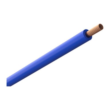 Et detaljert bilde av en Amokabel RK-kabel viser dens blå isolasjon med kobberledninger synlige i den ene enden.