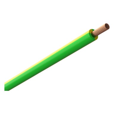 En grønn og gul Amokabel RK-kabel med kobberledninger synlige i den ene enden.
