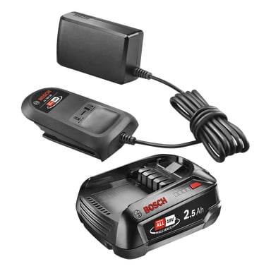 Et Bosch Power 4 All Battery + ladesett med oppladbart batteri og tilkoblet lader, vist sammen.
