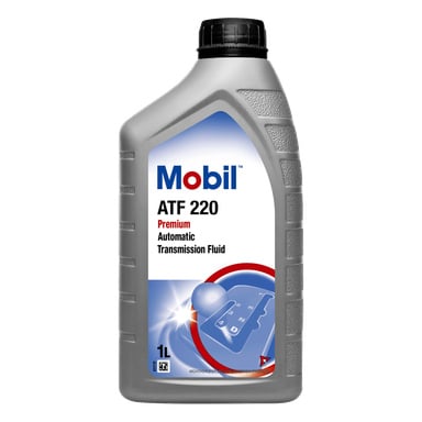 En 1-liters grå flaska Mobil ATF 220 automatväxellådsolja med svart lock och en etikett med produktinformation och en växelspaksikon.