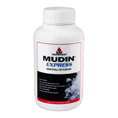 En vit plastflaska märkt Degreaser Mudin Express från Norenco har blå och svart text samt en bild av vita granuler.