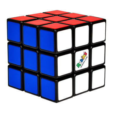 En klassisk 3x3 Rubik's Cube med blå, vita och röda sidor i rad. Logotypen finns på mittrutan på den vita sidan.