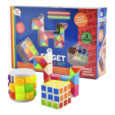 Robetoys 3-delade fidgetpussel innehåller vridande, cylindriska och kubliknande pussel. Förpackningen främjar stresslindring.