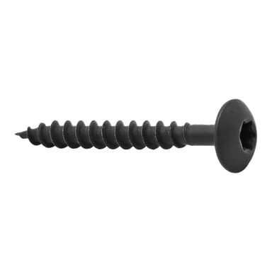 En närbild på en Heco Mounting-skruv från 200-packet framhäver dess svartmetallfinish, breda platta huvud och gängade axel.