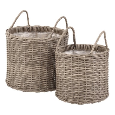 Hard Head 2-delt sett består av to lysebrune runde kurver av kurv med håndtak og klar plastforing; Den ene er større.