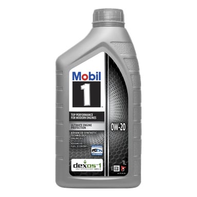 En 1-liters grå flaska Mobil 1 0W-20 avancerad syntetisk motorolja, som lyfter fram toppprestanda och Dexos1 Gen 3 GM-godkännande.
