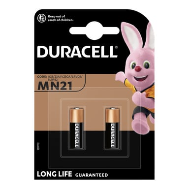 To Duracell MN21 knappcellebatterier i svart og gull emballasje, med den rosa kaninmaskoten og en advarsel om barnesikkerhet.